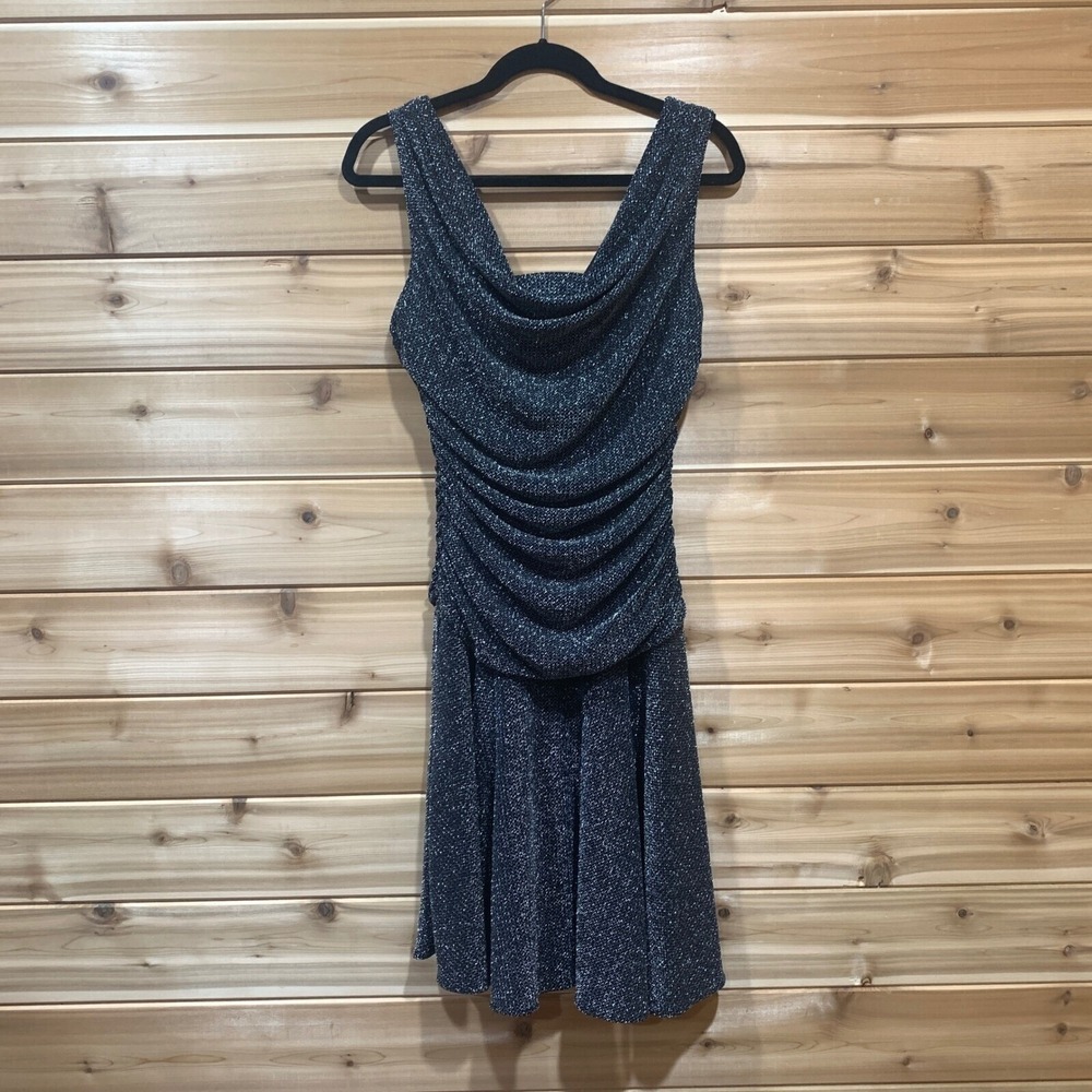 Nightway Y2K Metallic Shimmer Cowl Neck Ruched Cocktail Dress Black Size 10